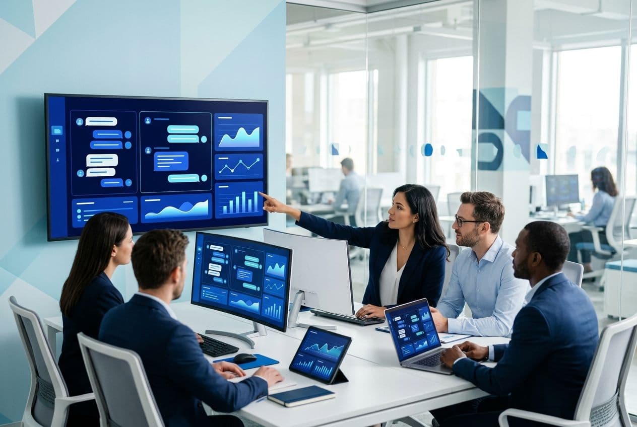 Equipe de atendimento empresarial operando conversas em ambiente digital organizado