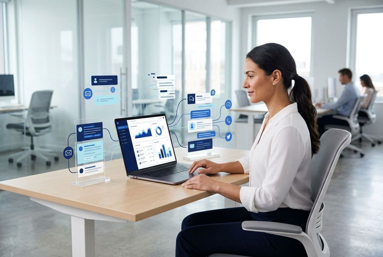Gestor de atendimento analisando uma operação de atendimento multicanal organizada.