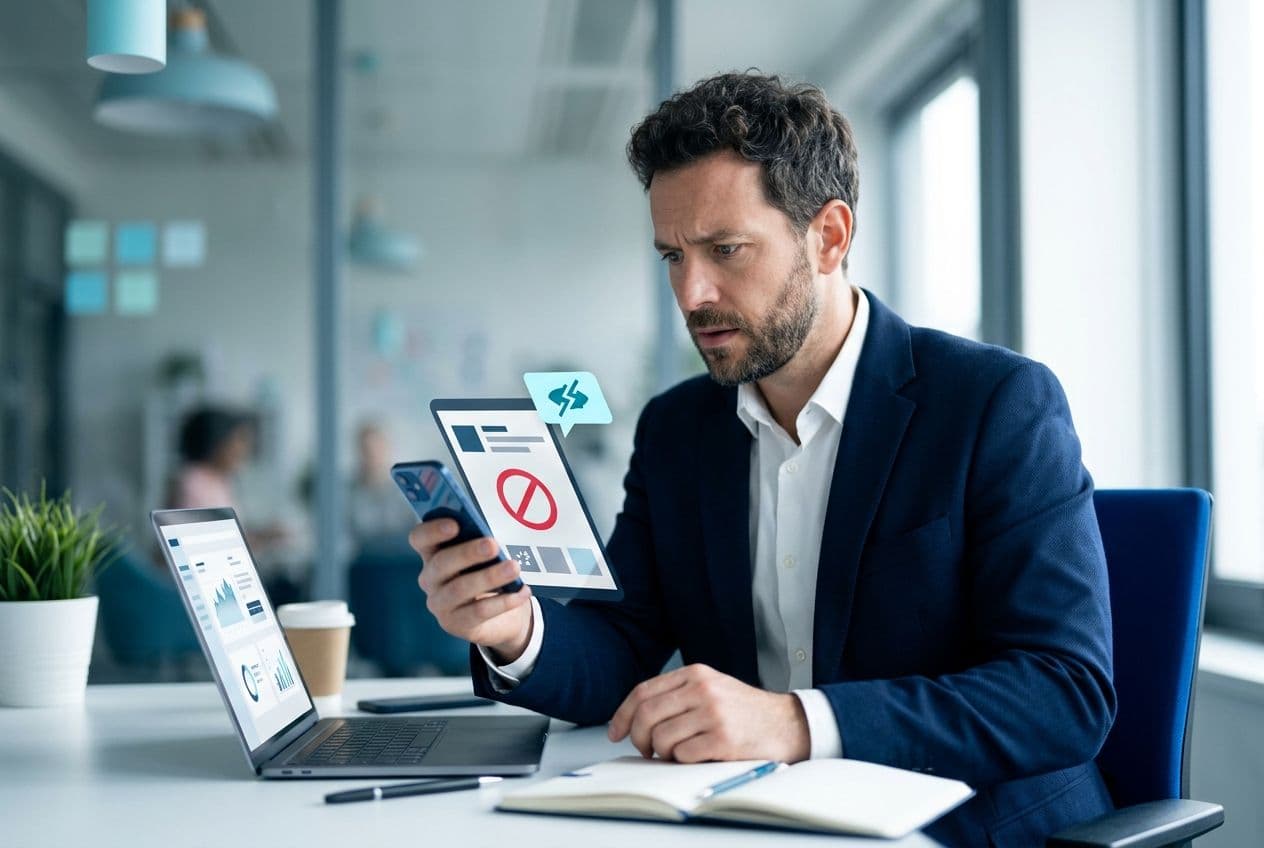 Gestor analisando uma interrupção no atendimento por WhatsApp em ambiente corporativo